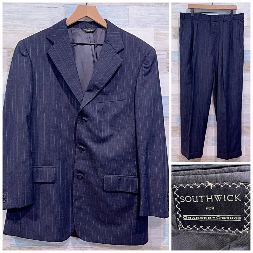 Southwick Bespoke Striped 3 Button Suit Gray Wool Mens 44R 36x31 Pleated Pants